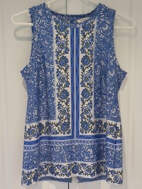 Chaus Blue and White Floral Border Sleeveless Top
